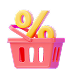Ícone 3D de um carrinho rosa com símbolo de porcentagem em amarelo dentro.
