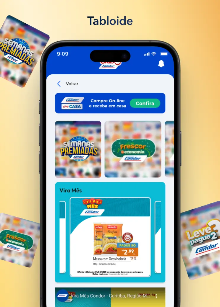 Tela do app Clube Condor mostrando tabloide digital com ofertas e promoções.