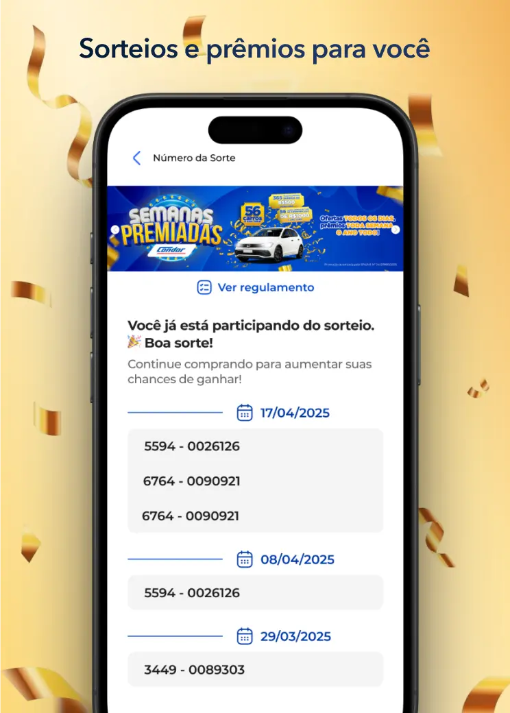 Tela de celular mostrando sorteios e prêmios do Clube Condor com números da sorte.