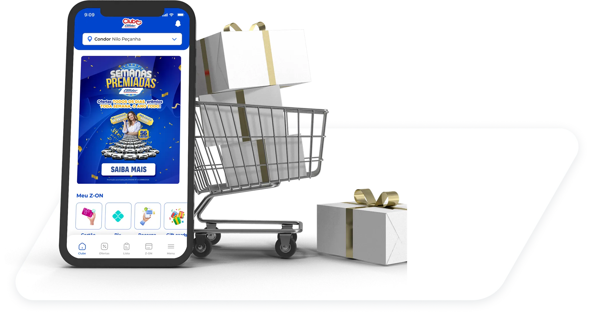 Celular exibindo aplicativo Clube Condor ao lado de um carrinho de compras com caixas de presente embrulhadas em branco e dourado.